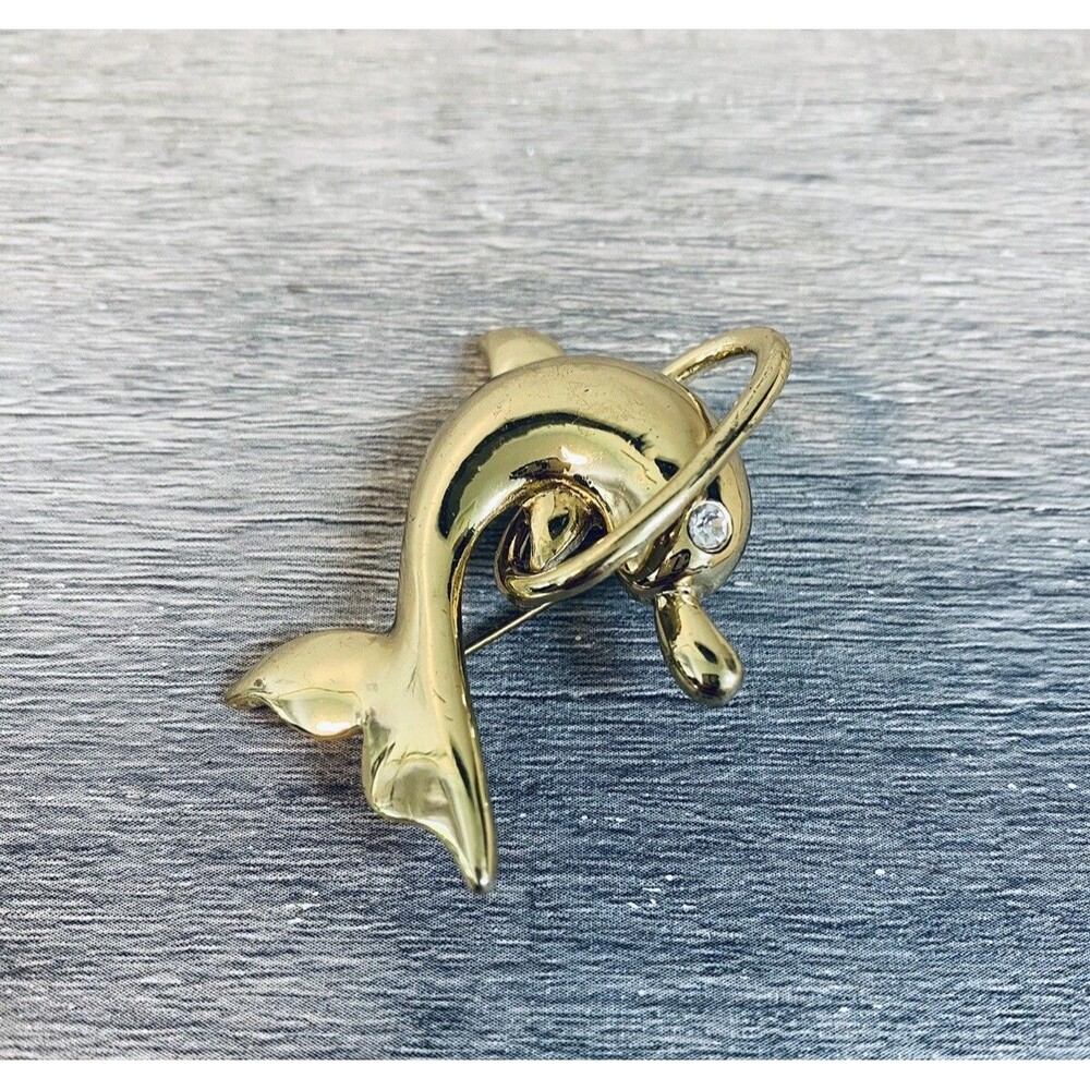Vintage Rhinestone Dolphin Brooch Pin Gold tone Jumping Through Hoop Trick